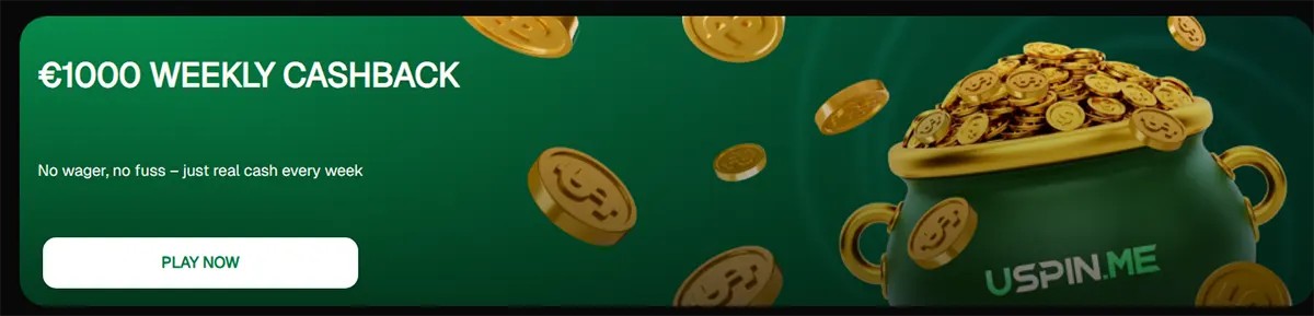 Casino promotional banner advertising €1000 weekly cashback with no wagering requirements, featuring floating coins, a coin-filled pot graphic, and a “Play Now” call-to-action button