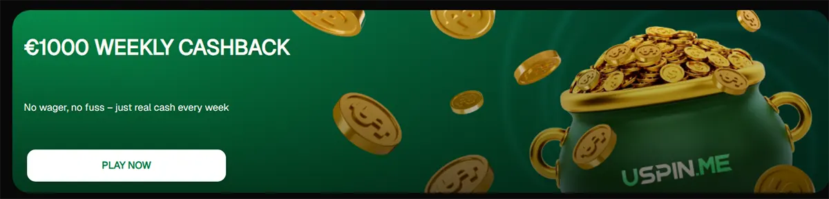 Casino promotional banner advertising €1000 weekly cashback with no wagering requirements, featuring floating coins, a coin-filled pot graphic, and a “Play Now” call-to-action button