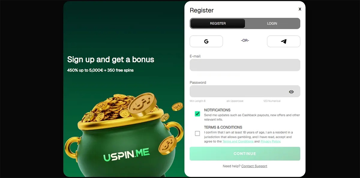 Casino registration pop-up with email and password fields, social sign-up options, notification and terms checkboxes, and a “Continue” button, displayed alongside a promotional banner offering 450% up to €5,000 + 350 free spins with a coin-filled pot graphic