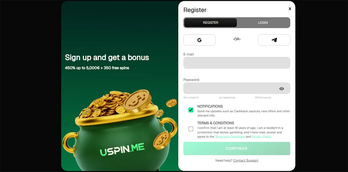 Casino registration pop-up with email and password fields, social sign-up options, notification and terms checkboxes, and a “Continue” button, displayed alongside a promotional banner offering 450% up to €5,000 + 350 free spins with a coin-filled pot graphic